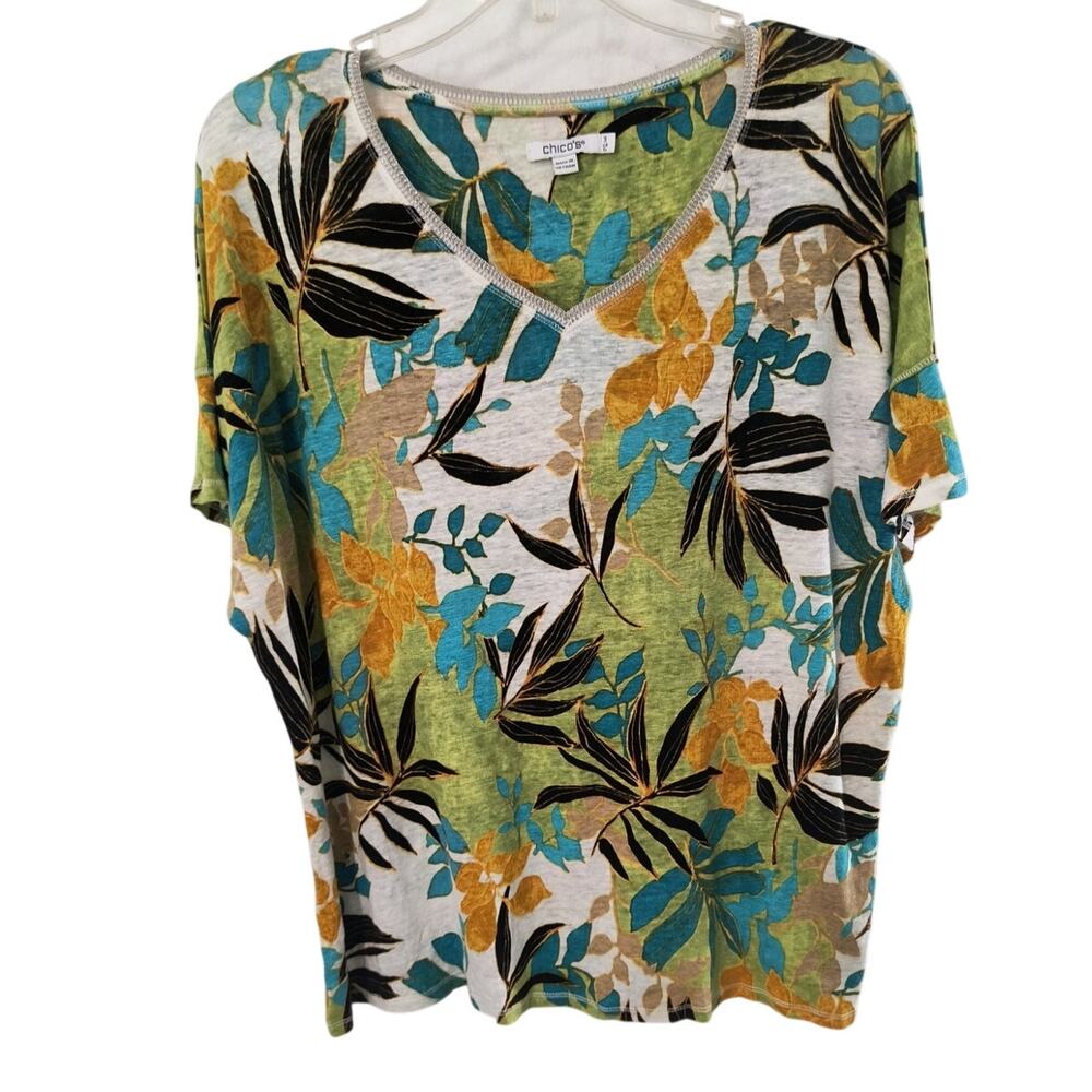 Chico's Linen Knit Tee XL Tropical Print Short Sleeve Metallic V-Neck Tropical - Picture 4 of 13